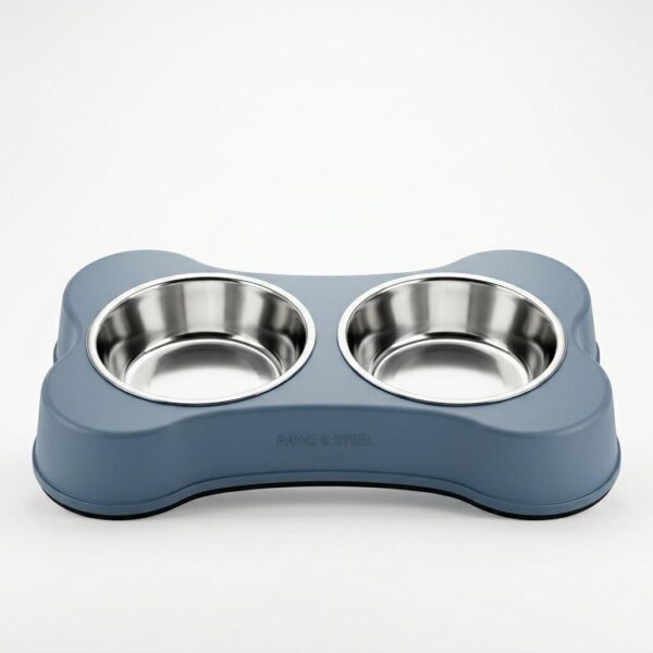 Front view of bone shaped double pet feeding bowl on white background