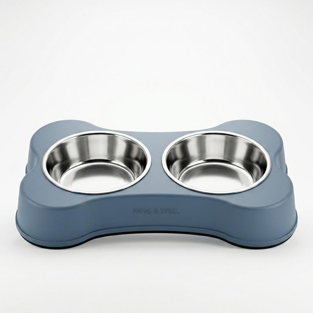 Front view of bone shaped double pet feeding bowl on white background