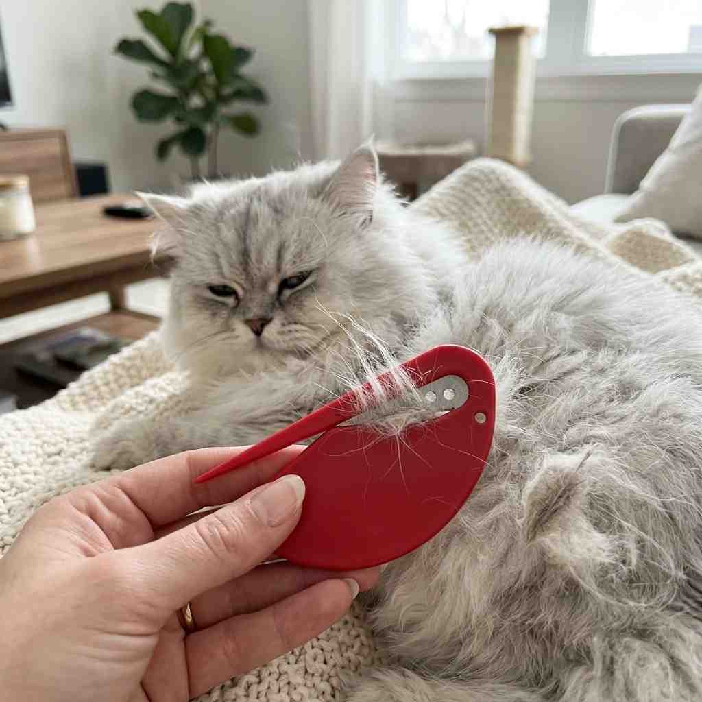 Cat grooming with knots cutter tool