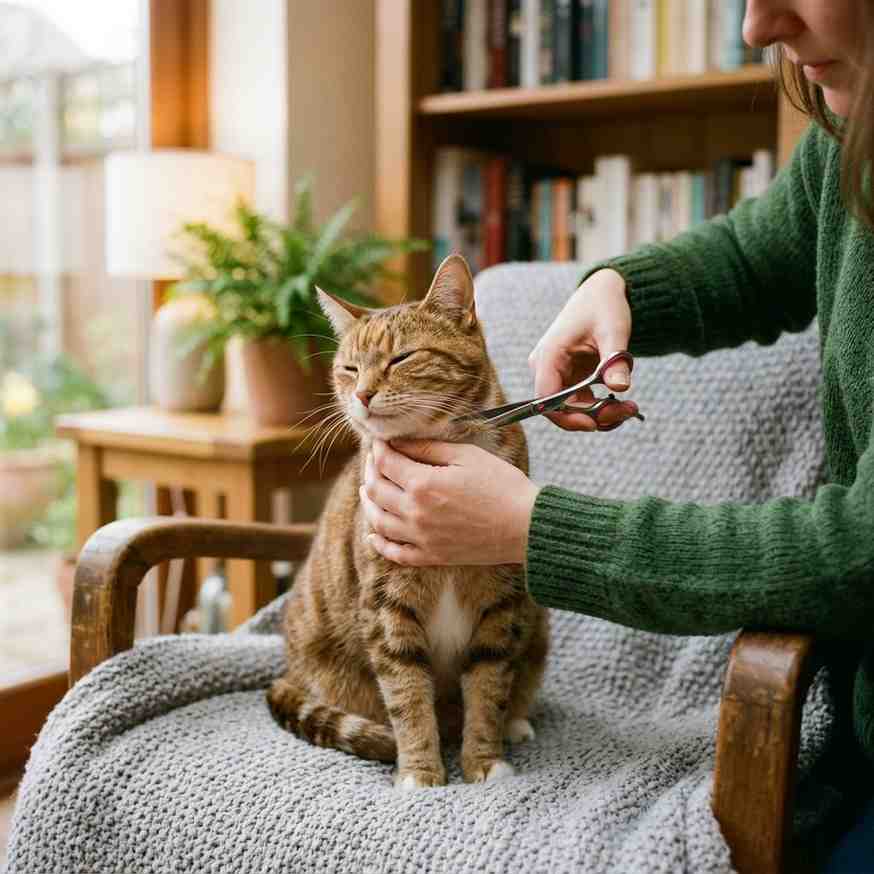 Cat grooming with pet scissors set