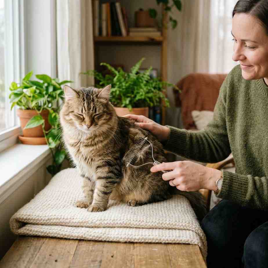 Cat being groomed with dematting comb