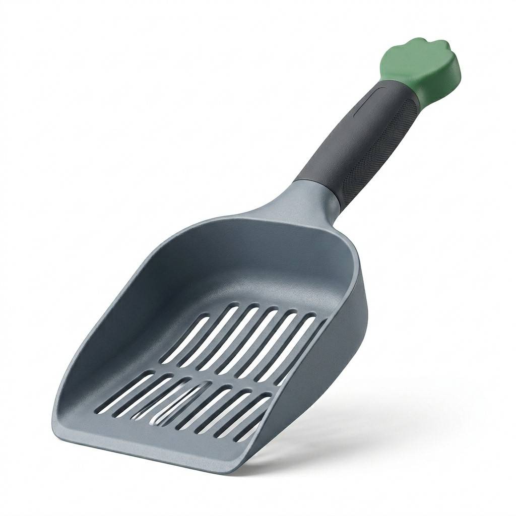 Front view of plastic cat litter scoop on white background