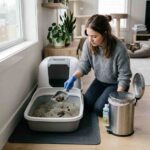 Person using litter scoop to clean cat litter tray in home