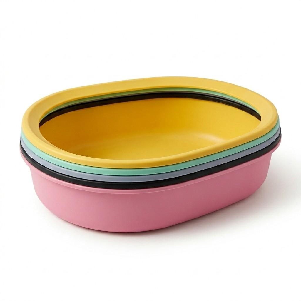 Front view of oval shaped cat litter tray on white background