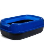 Front view of covered cat litter tray with hooded lid on white background