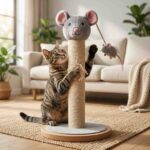 Cat scratching and playing with mouse themed scratching post indoors
