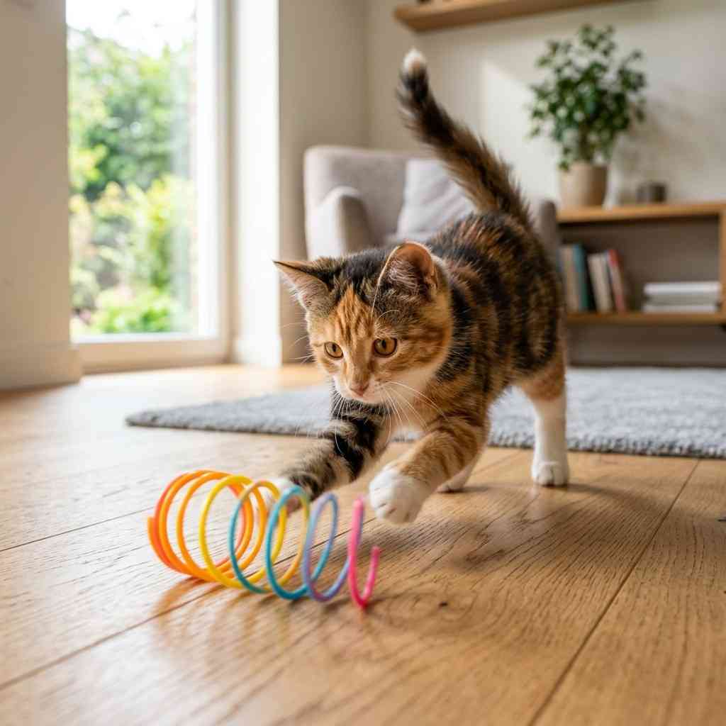 Playful cat interacting with colorful spring toy in modern home