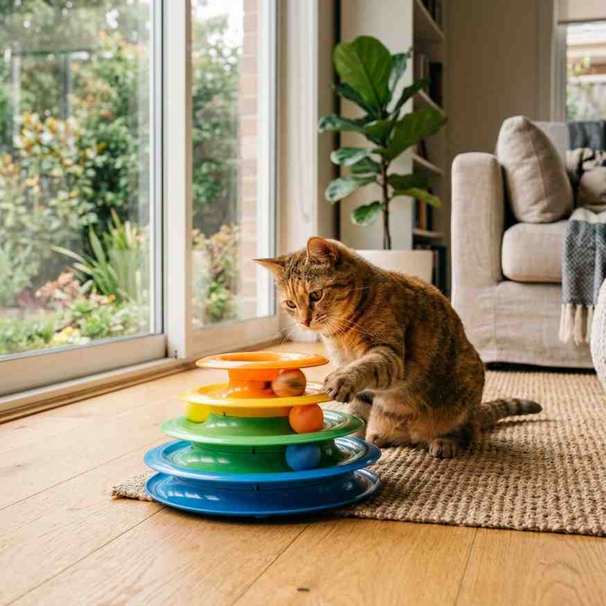 Cat playing with multi-level track tower toy indoors