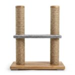 Front view of double pole cat scratching post on white background