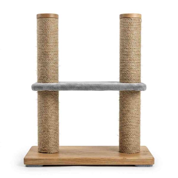 Front view of double pole cat scratching post on white background