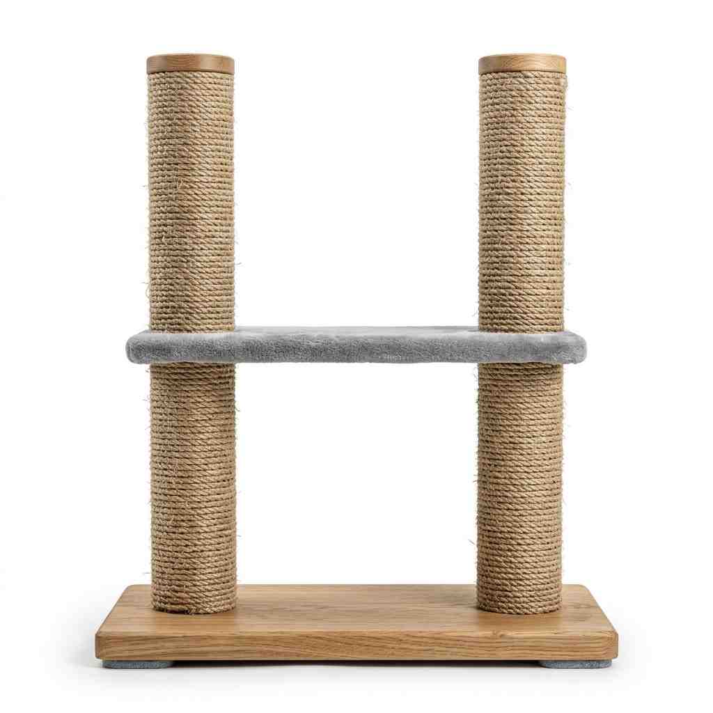 Front view of double pole cat scratching post on white background
