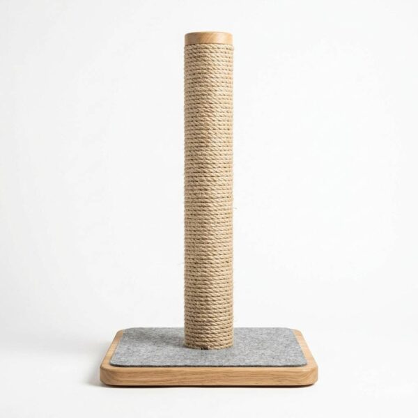 Front view of cat scratching post on white background