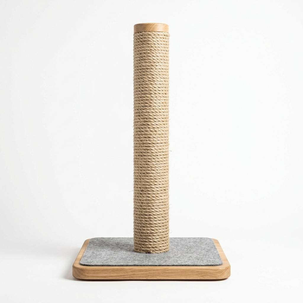 Front view of cat scratching post on white background