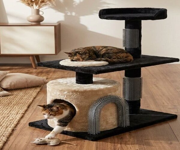 Front view of cat scratching post with grooming brush attachment on white background