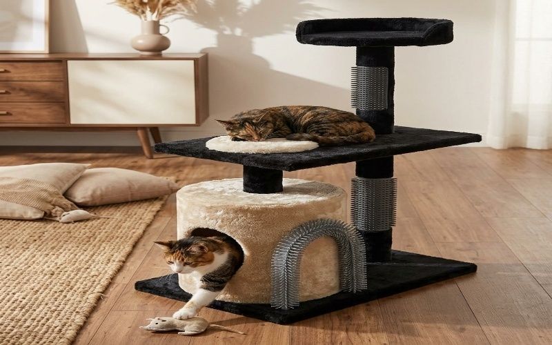 Front view of cat scratching post with grooming brush attachment on white background
