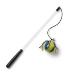 Front view of plastic cat teaser stick with ball toy on white background