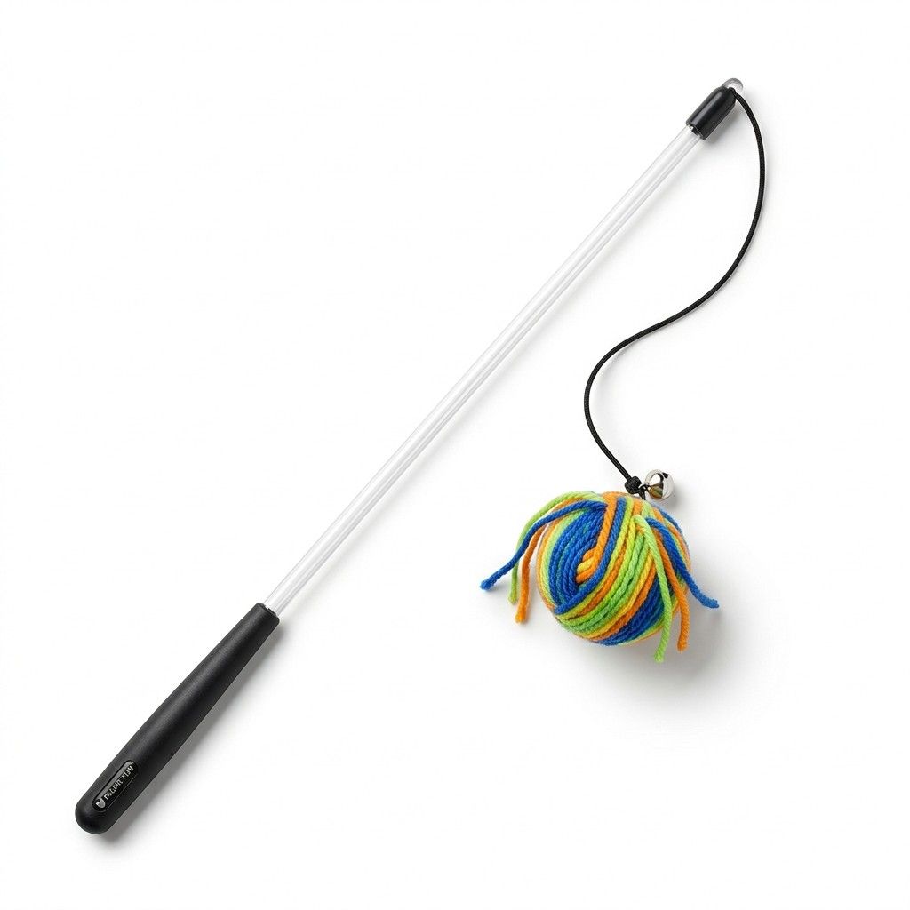 Front view of plastic cat teaser stick with ball toy on white background