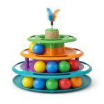 Front view of cat track tower toy with balls on white background