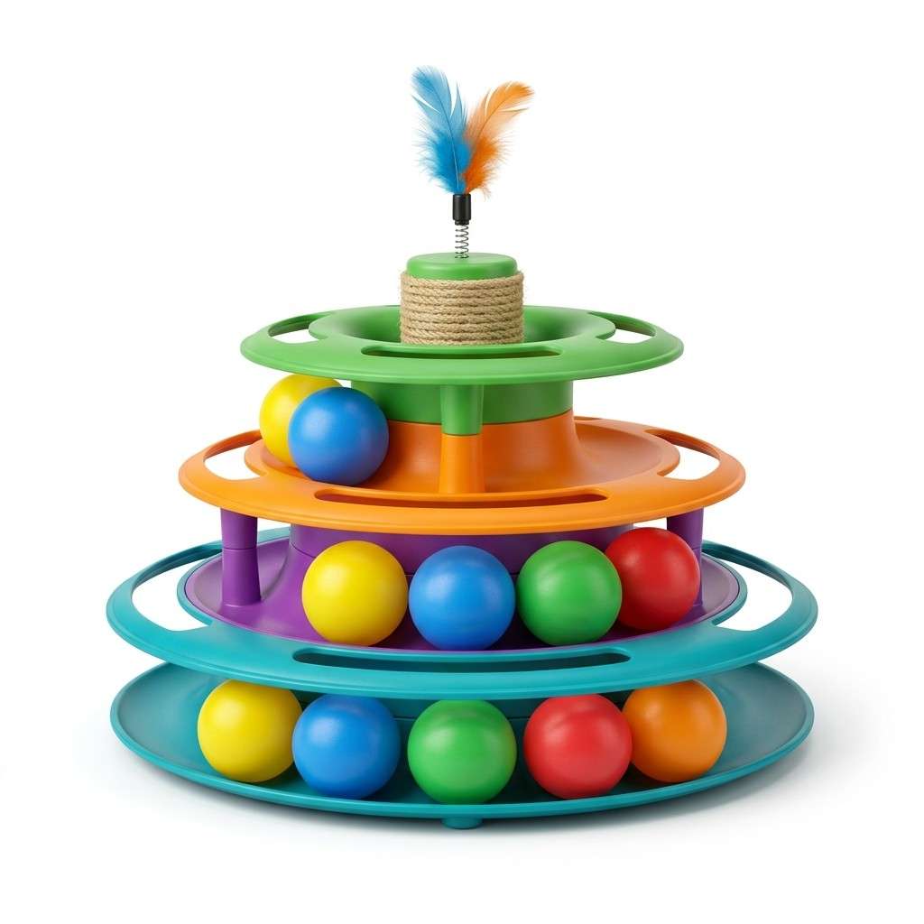 Front view of cat track tower toy with balls on white background