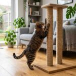 Cat scratching double pole scratching post in modern home interior