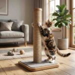 Cat scratching scratching post in modern home environment