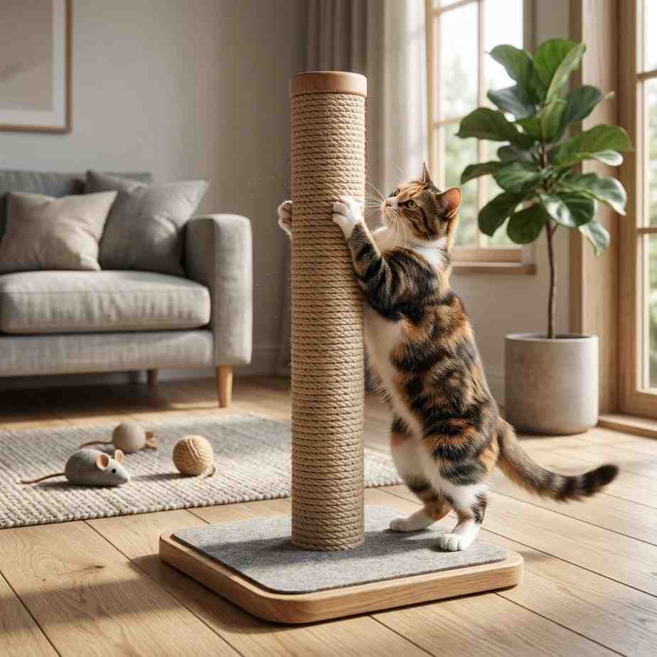 Cat scratching scratching post in modern home environment