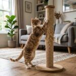 Cat scratching a single pole scratching post in modern home