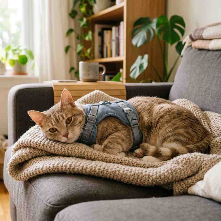 Cat wearing harness comfortably indoors