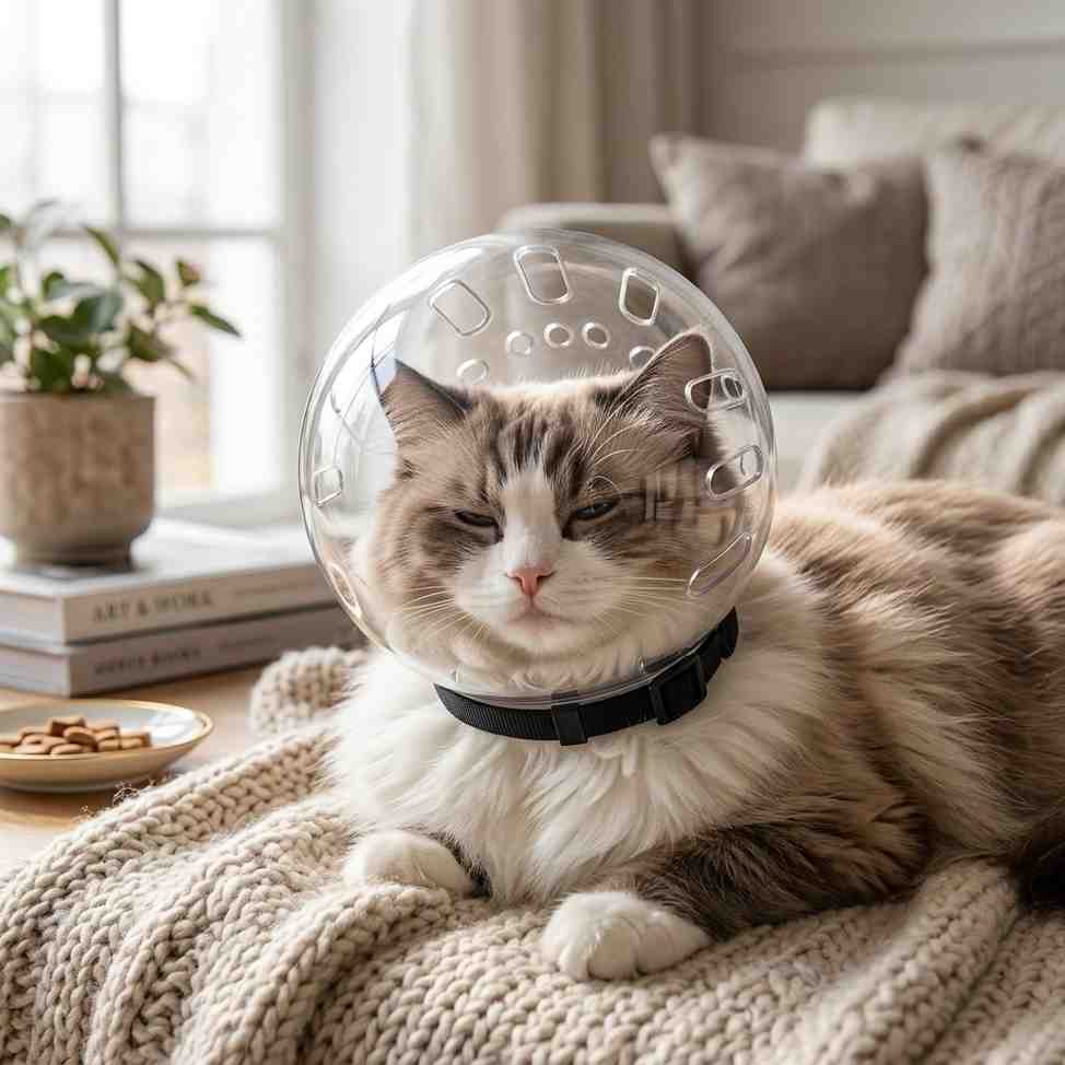 Cute cat wearing transparent protective recovery hood