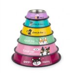Front view of colorful pet feeding bowl on white background