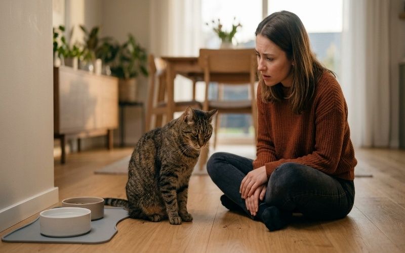 Concerned pet owner sitting near a cat after eating in a modern home, cat shows mild discomfort, representing pet health and digestion care.