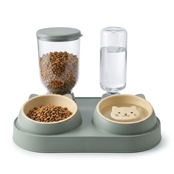 Front view of dispenser double pet bowl feeder on white background