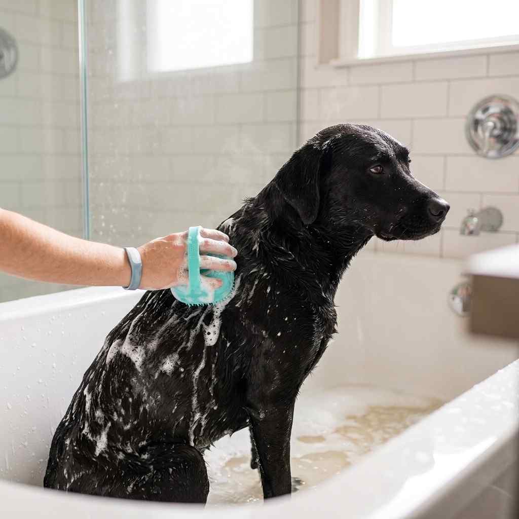 Dog bathing with silicone bath brush