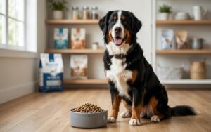 Happy healthy dog eating premium dry dog food in bowl at home showing best dog food in Pakistan guide concept