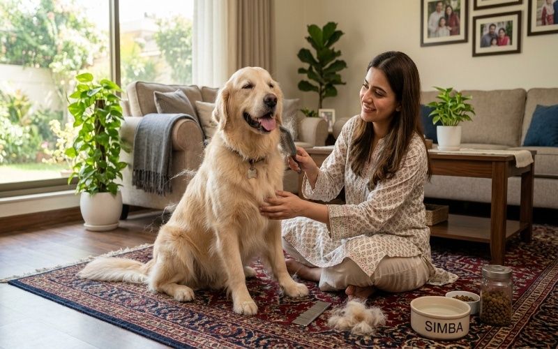 Pet owner brushing Labrador and German Shepherd at home in Pakistan showing dog shedding hair care, grooming routine, and loose fur removal