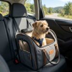 Dog sitting inside pet car travel bag