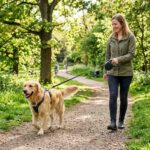 Dog walking in park with retractable leash