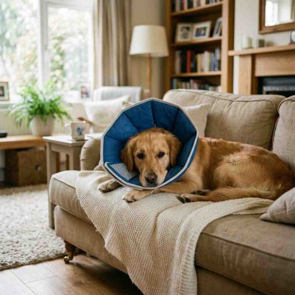 Dog wearing soft E collar at home