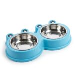Front view of frog shaped double pet feeding bowl on white background