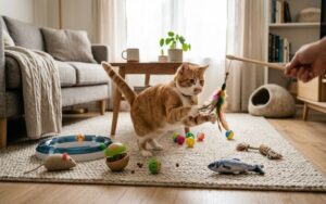 Happy indoor cat playing with interactive, puzzle, and plush toys in a cozy home environment.