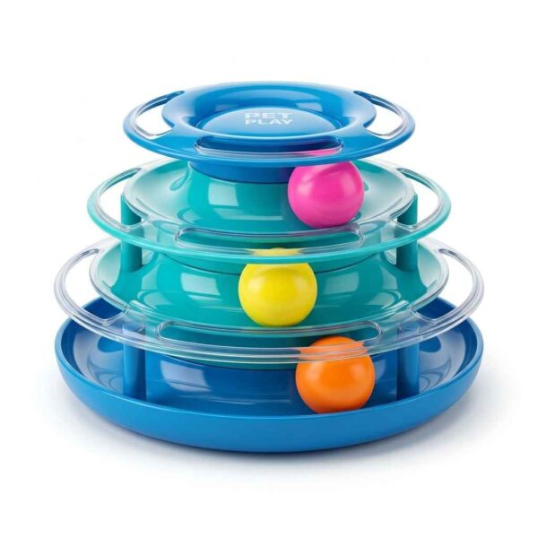 Front view of interactive cat track tower toy with rolling balls