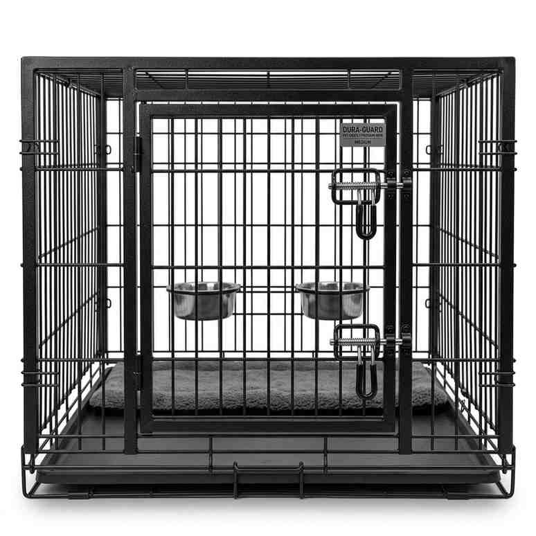 Front view of iron pet cage for dogs and cats on white background
