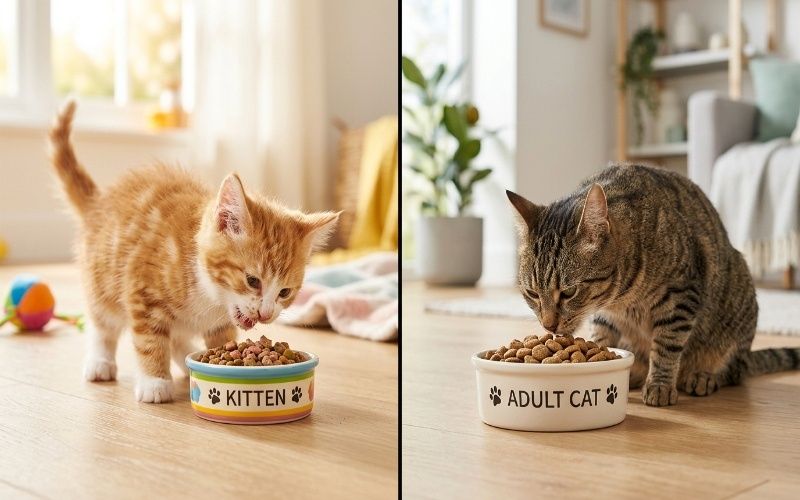 Kitten eating high protein food and adult cat eating balanced food showing kitten food vs adult cat food difference