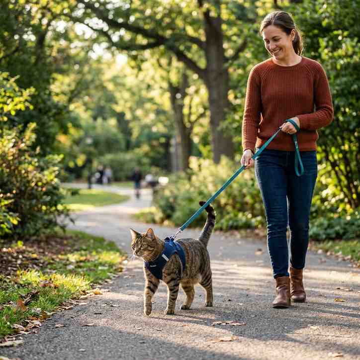 Cat walking outdoors with harness and leash