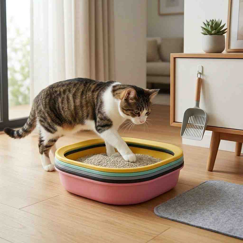 Cat using oval litter tray in clean modern home environment