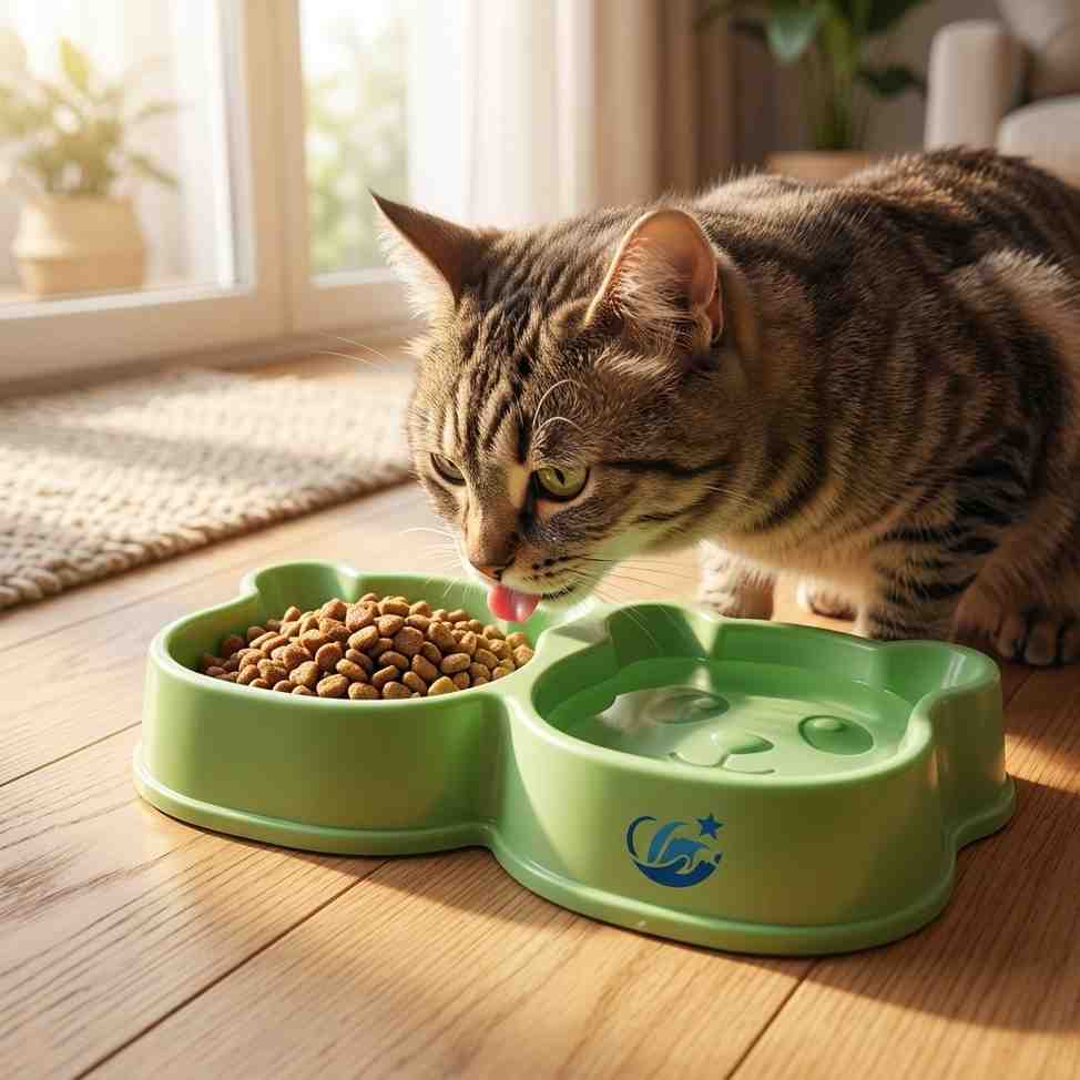 Cat eating from panda shaped double bowl in modern home