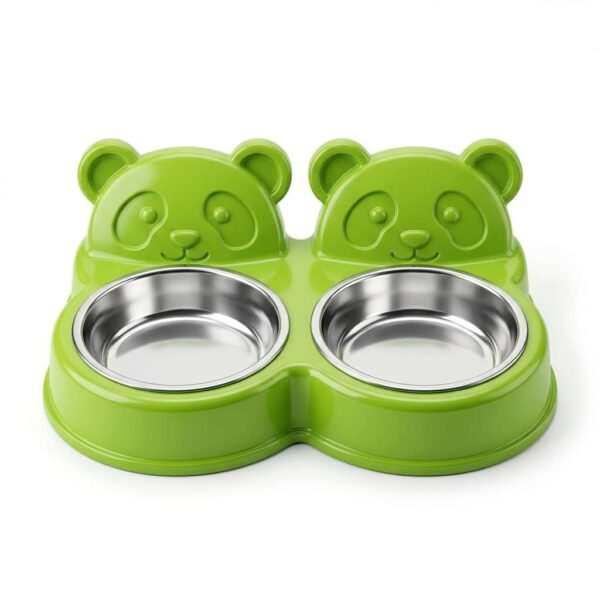 Front view of panda shaped double pet feeding bowl on white background