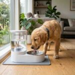 Dog drinking water from automatic pet water dispenser at home
