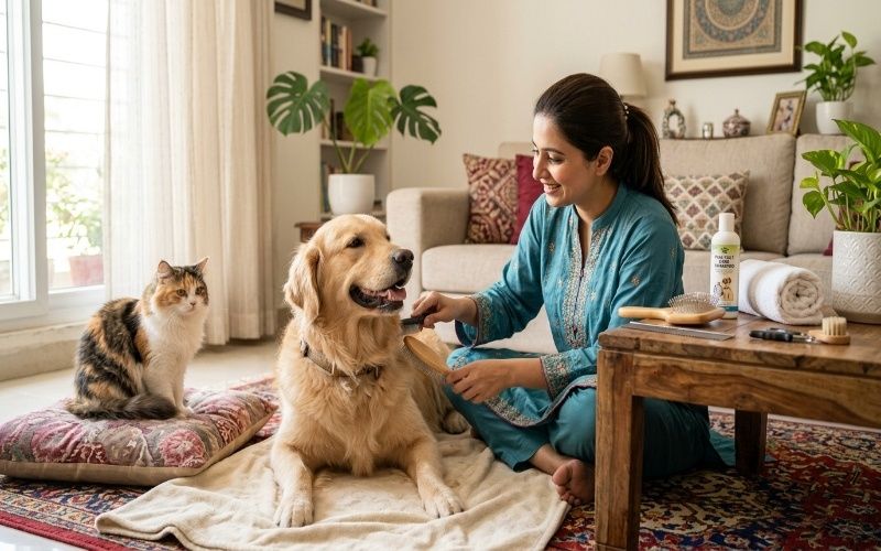 Dog and cat being groomed at home in Pakistan with brushes, shampoo, and pet care tools on table in a clean, cozy environment