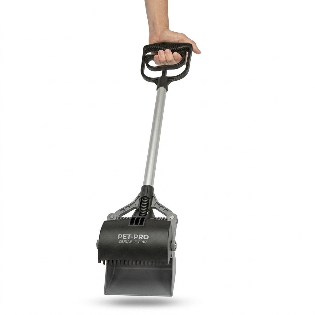 Front view of pet poop scooper cleaning tool on white background